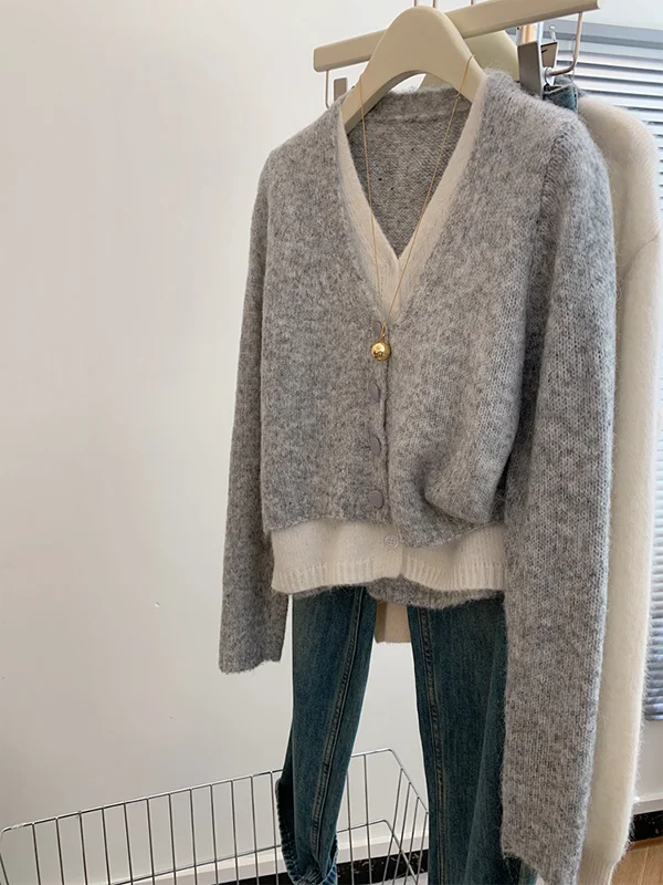 

ay Korean Sle Fake Two-Piece Open Cardigan Women's Autumn Winter V-Ne Splicing Knitted Sweater Top Classy Ele