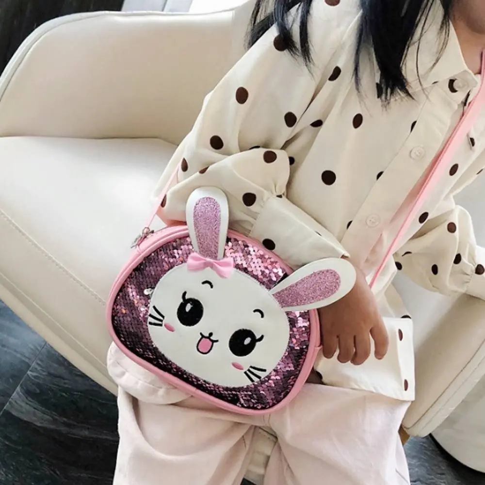 New Cartoon Cute Sequins Bunny Pu Leather Shoulder Bag Sweet Little Princess Shoulder Coin Purse Crossbody Bag