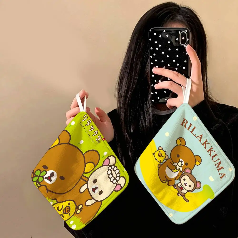Character Rilakkuma Polyester Cotton Hanging Kitchen Towel, Absorbent Hand Wiping Cloth for Daily Cleaning Drying
