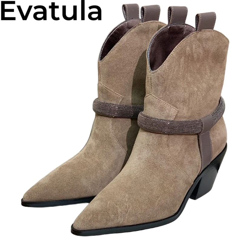 

2023 Autumn Pointed Toe Cow Suede Chelsea Boots For Women String Bead Strap Chunky Heel Ankle Booties Retro Short Botas Mujer