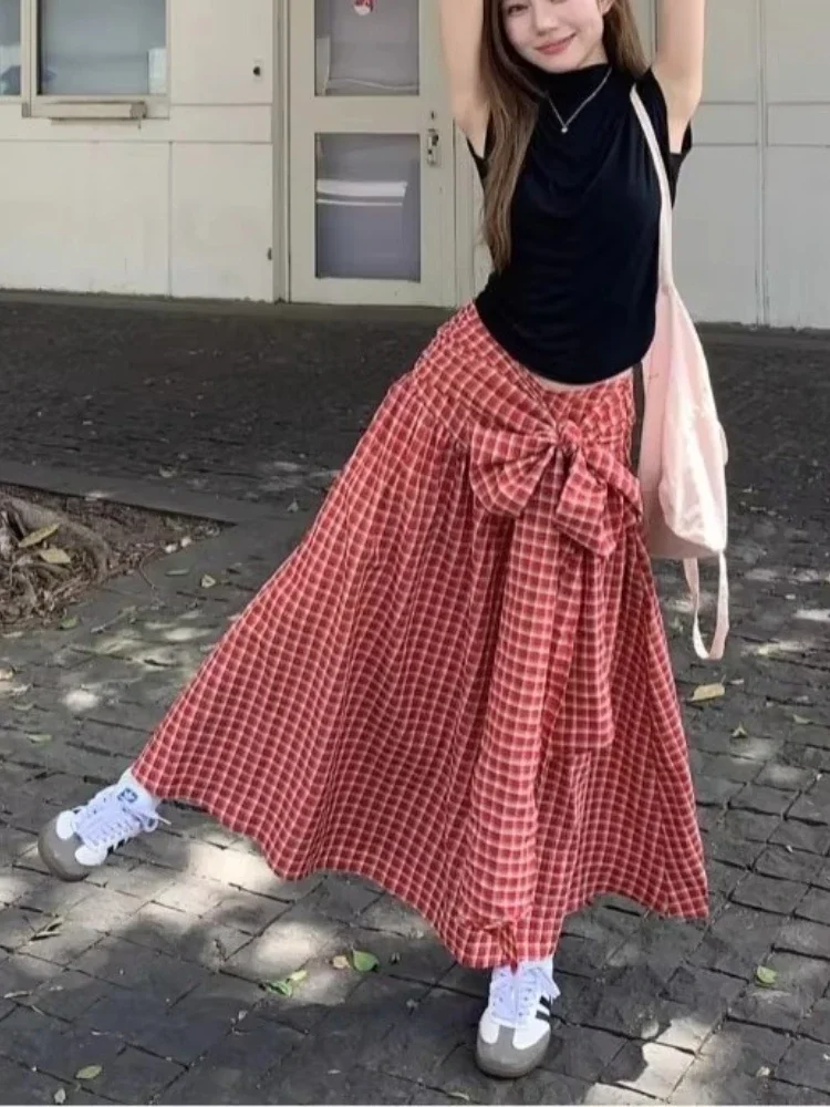 الكورية نمط الأحمر منقوشة تنورة المرأة خمر Y2k القوس تنورة طويلة Harajuku الشارع موضة ريترو كشكش التنانير جماليات