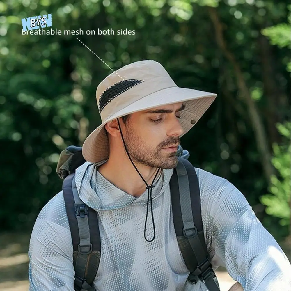 

Breathable Windproof Men Fisherman Hat Wide Brim Rope Portable Big Visors Solid Mesh Anti-UV Fishing Cap Outdoor