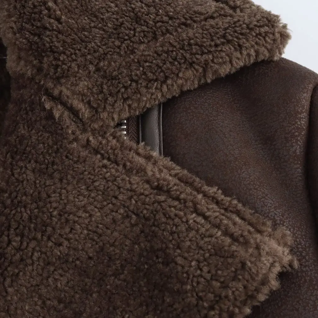 

Women's Autumn Winter Fur Biker Suit Double Lapel Lamb Wool Jacket Coat American Style Hot Girl One-piece New