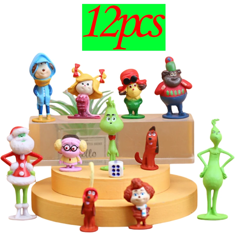 12 Pcs Grinch Figure Mini Action Dolls Christmas Green Hair Monster PVC Model Funny Decoration Toys children birthday Gift