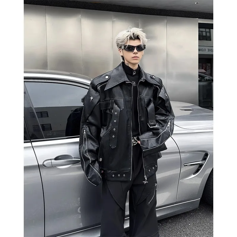 

Свободное мужское мотоциклетное пальто-пилот с металлическим декором, повседневное молодежное пальто-пилота с длинной застежкой-молнией, цветная искусственная кожа