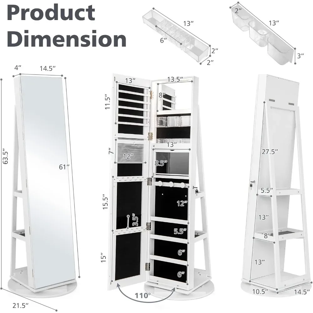 Jewelry Armoire with Full Length Mirror 360° Swivel, Rear Storage Shelves, Lockable with Interior Vanity Mirror