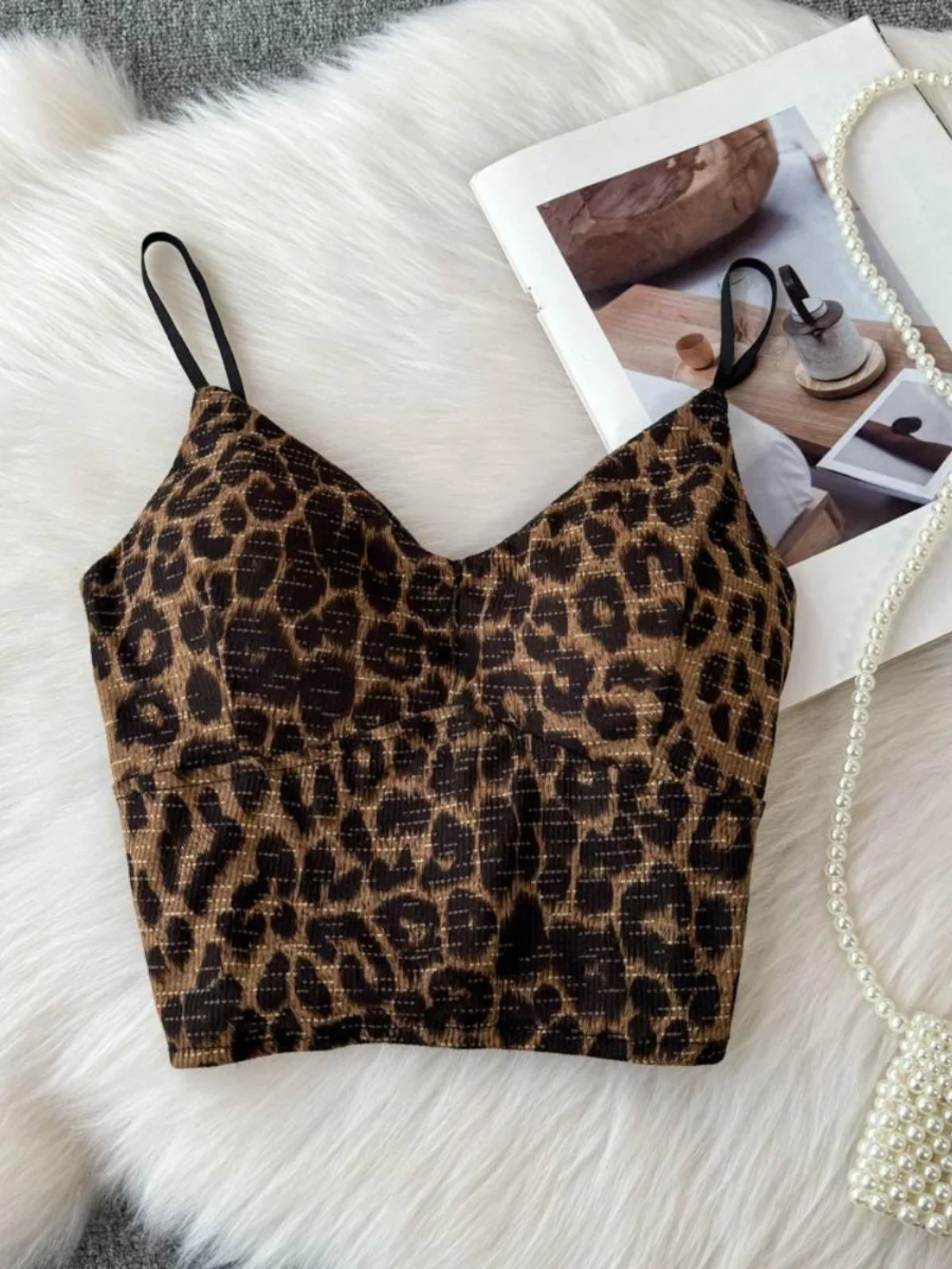 SsTss Retro Leopard Print Backless Sling Vest Women's Sexy Slim Fit Inside Girl Corset with Chest Pad Short Tank Top Outside