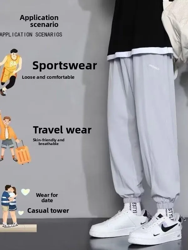 

Мужские летние тонкие спортивные брюки из ледяного шелка большого размера, быстросохнущие, прямые, для весны и осени, повседневные, молодежные, модные