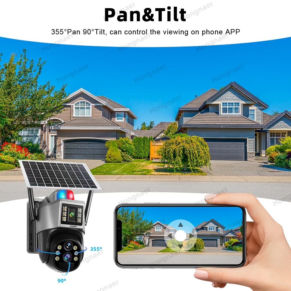 Hongnaer 12MP 6K V380 Pro 10X Zoom Three Lens Wireless Smart Solar Powered Panel CCTV PTZ Outdoor WiFi Security Solar Camera