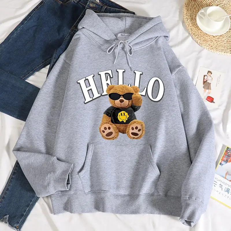 Autumn Women\'S Hoodies Puppet Bear Cartoon Pattern Printing Sweatshirt Fleece Comfortable Pocket Pullover Fashion Streetwear