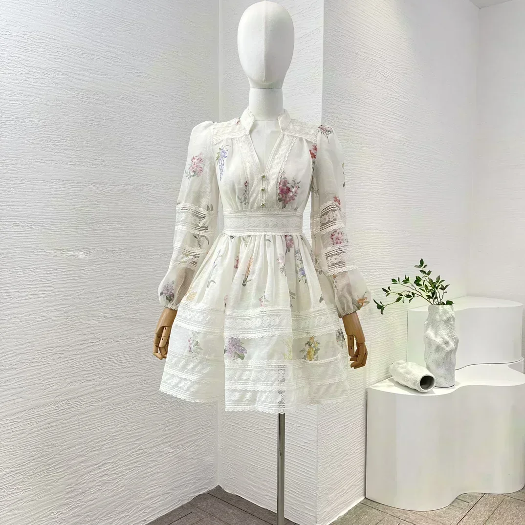 

2024 New Silk Linen Spring Summer Black Floral Print Long Sleeve Lace Patchwork Hollow Out White Mini Dress for Women