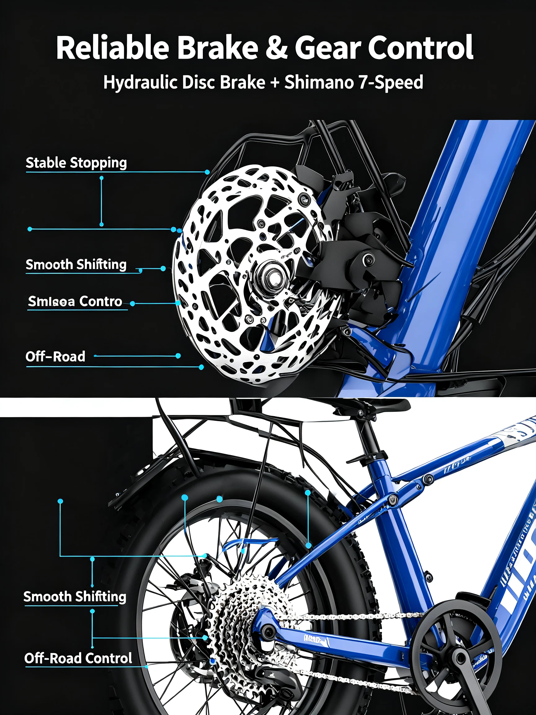 COASTA CT8 Blue 26"×4.0 Fat Tire Electric Bike Dual Motor Full Suspension E‑Bicycle 3000W Peak 60V Removable Battery Hydraulic Disc Brake Shimano 7‑Speed LCD Display LED Headlight Max Load 150KG For Snow Beach Mountain Off‑Road Riding view 6