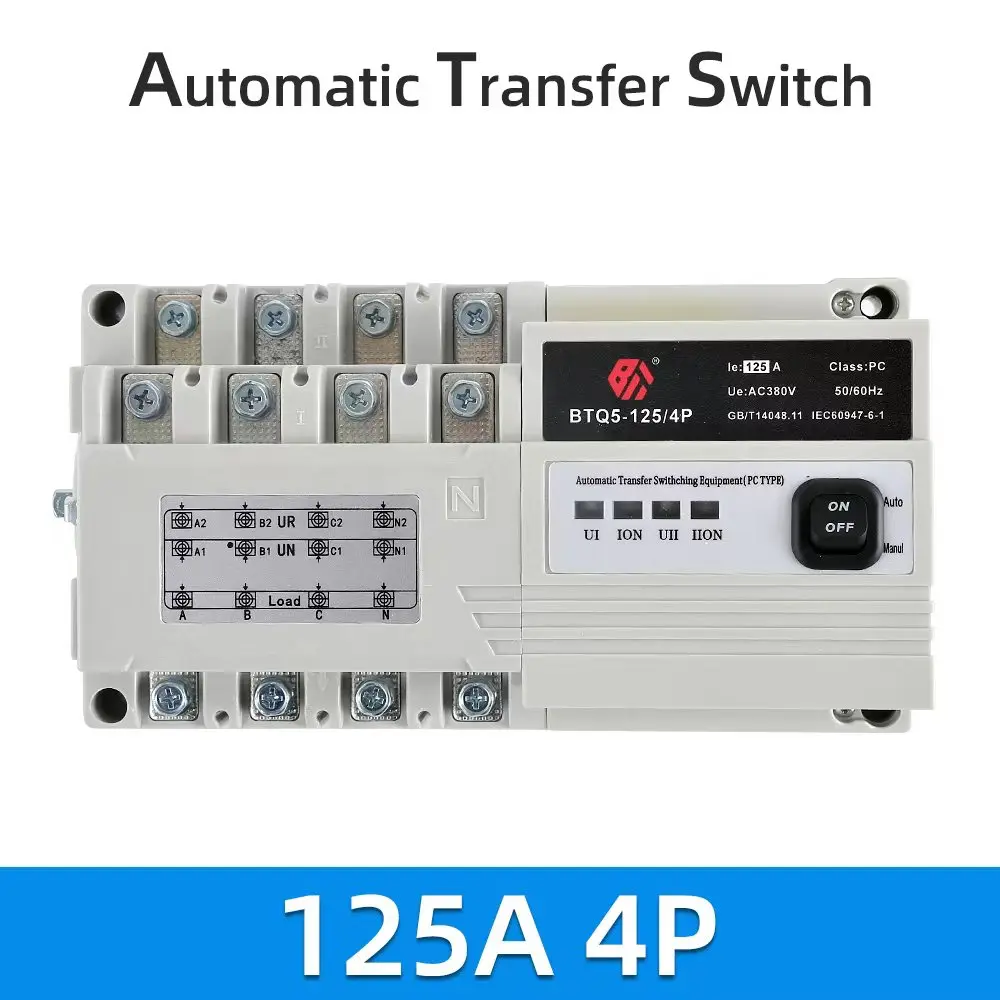 

BTQ5 ATS PC Class Automatic Transfer Switch Electrical Selector Switches 4P 100A 125AAC400V Auto or Manual ATS