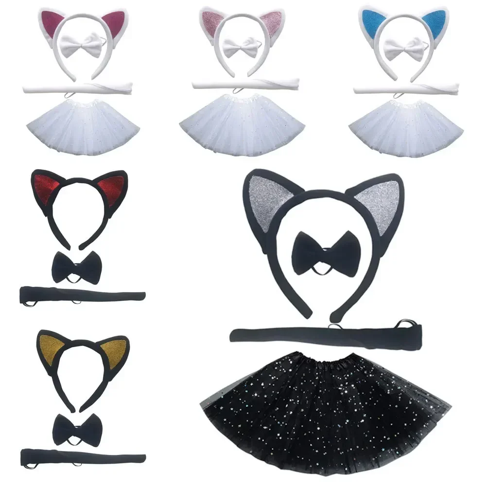 Black Cat Costume Set Animals Ears Headband Tail Bowtie Tutu Halloween Dress Up Kids Cosplay Accessory Kit