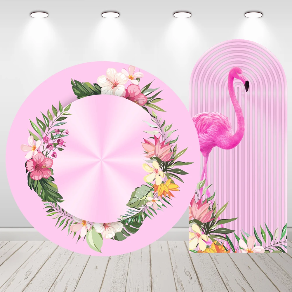 

Flamingo Baby Birthday Party Circle Round Backdrop Summer Tropical Plant Leaves Arch Cover Wall Background For Photo Studio