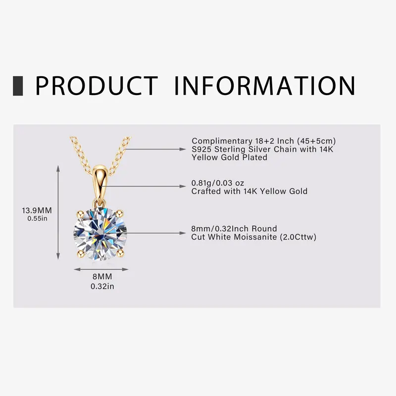 IOGOU 14K الصلبة الذهب القلائد 8 مللي متر 2.0CT مويسانيتي سوليتير قلادة قلادة للنساء قابل للتعديل سلسلة إثارة مختبر الماس