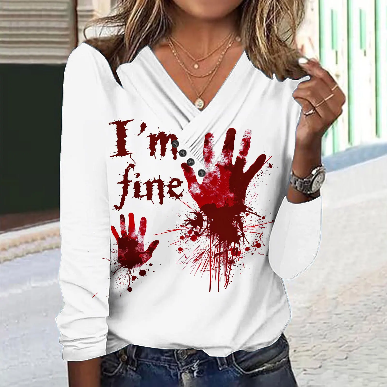 I\'m Fine It\'s Not My Blood Sarcastic Halloween Humor T-Shirt Funny Horror Style Sayings Graphic Tee Top Short Sleeve Outfit Gift