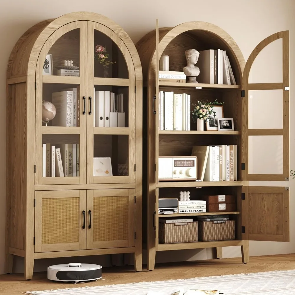 

Home 71 Arched Kitchen Pantry Cabinet, Farmhouse Storage Cabinets with Glass Door, Tall Wood Bookshelf with Rattan Door