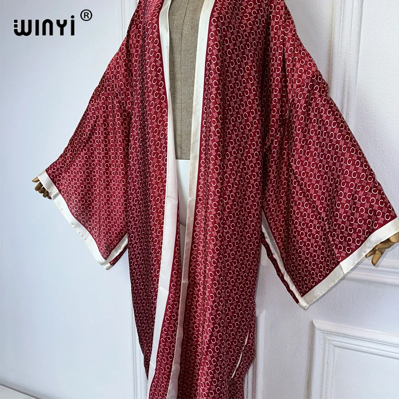 WINYI Kimono Women Elegant print Long Sleeve Cardigan Female Blouse Loose abaya beachwear Cover Up boho dress party kaftan