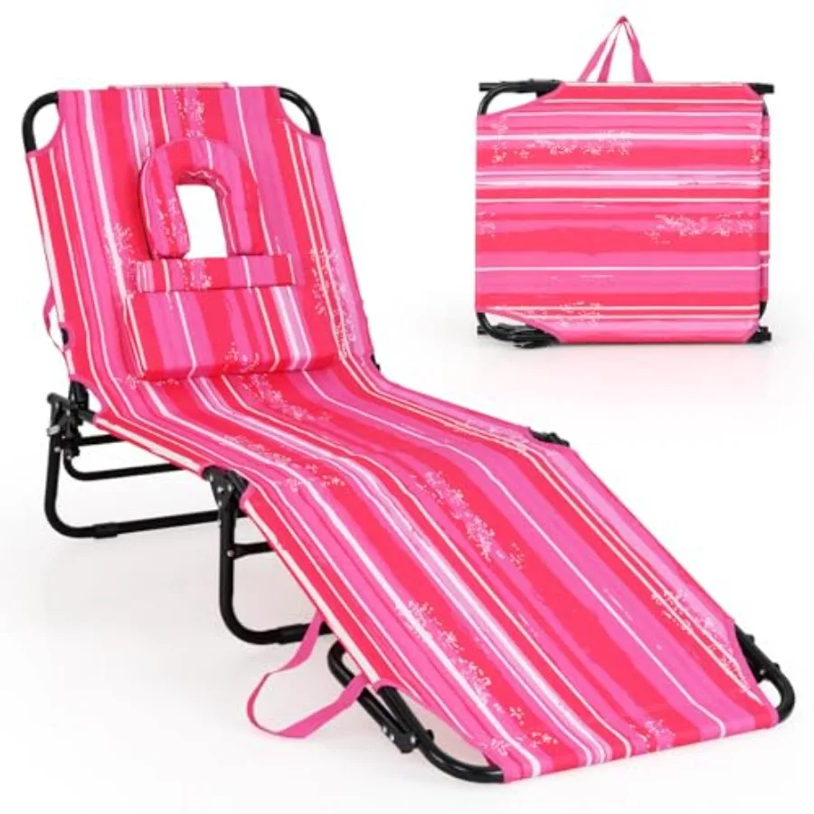 

Tanning Chair with Face Hole Pillows Adjustable Backrest Portable with Carrying Bag Folding Beach Chaise Lounge for Sunbathing