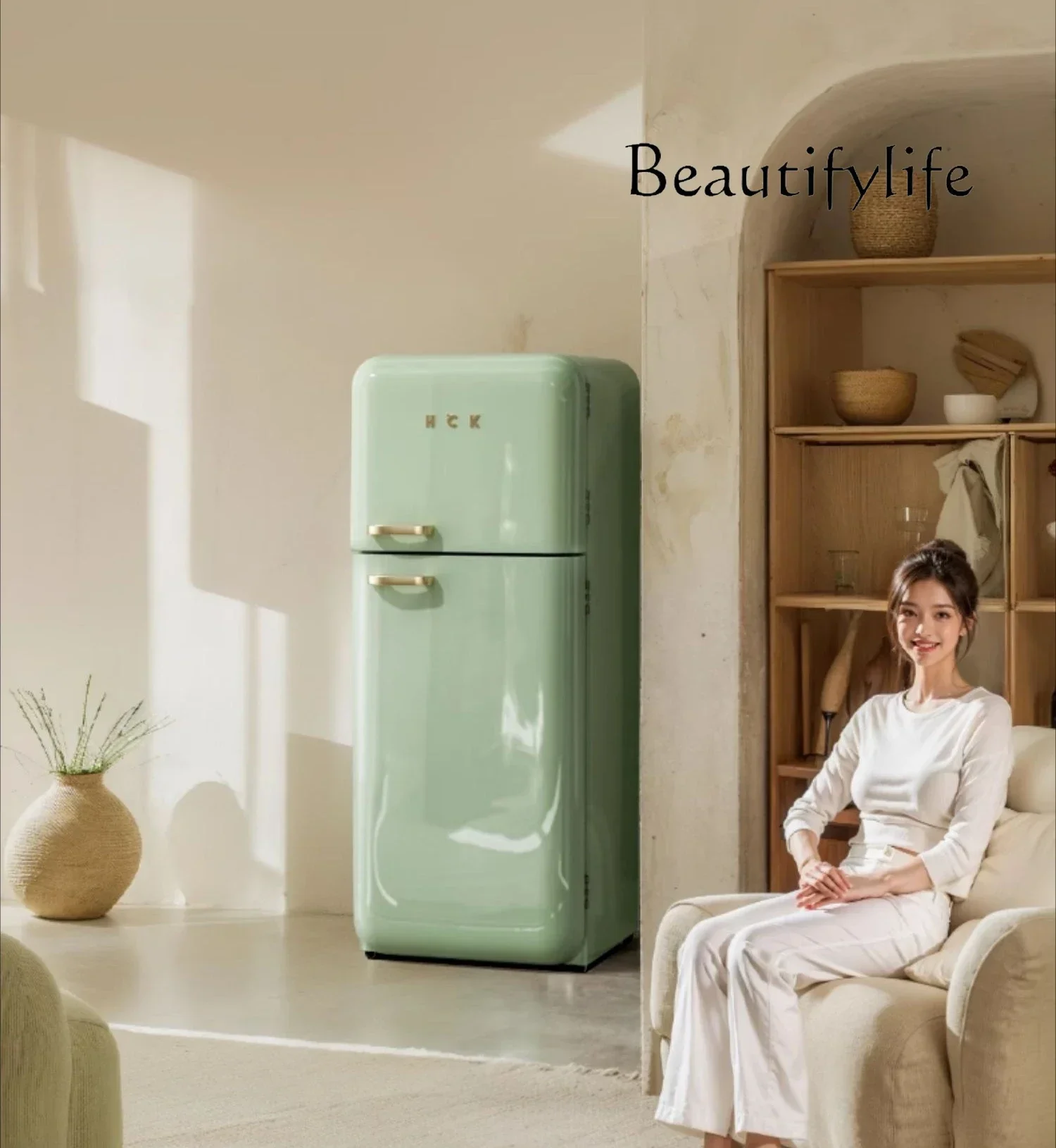 Double Door Kitchen Refrigerator Frozen Refrigerated Household Living Room Small Large Capacity Simple Retro