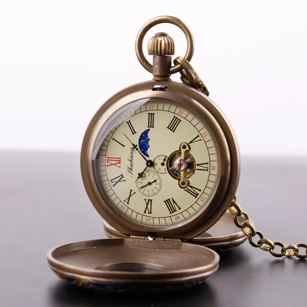 Cronografo vintage in bronzo con luna, orologi da tasca meccanici per uomo, collana, catena, regali, orologio a carica manuale