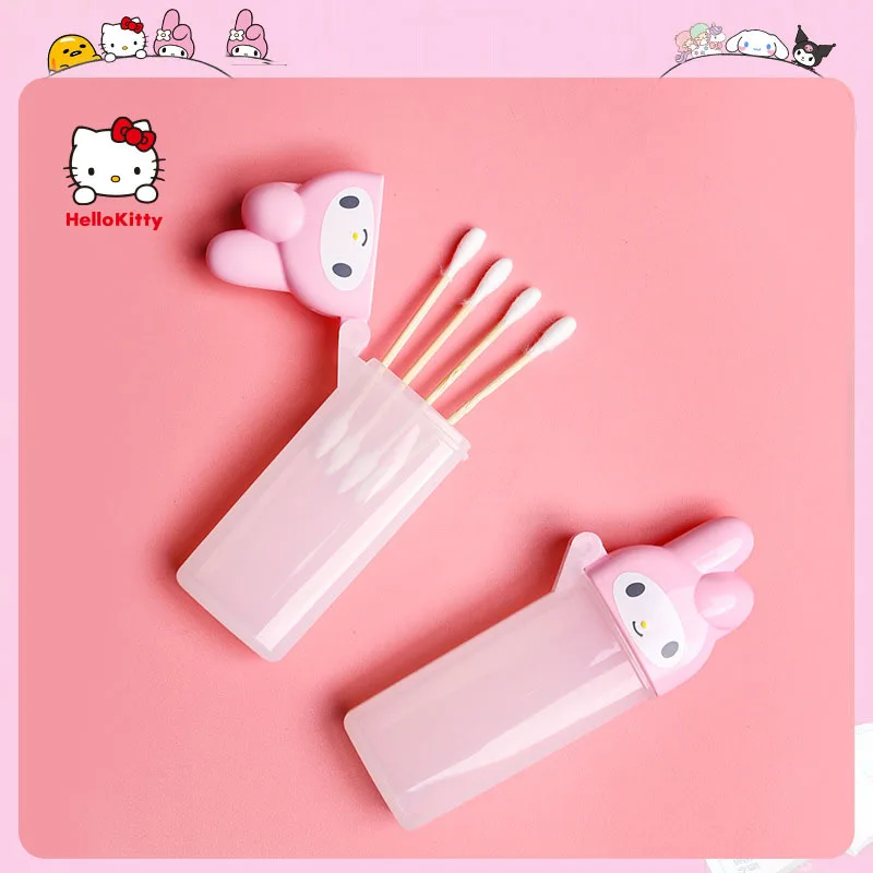 Hello Kitty Sanrio Melody Cotton Swab Storage Box Cute Anime Character Portable Toothpick Storage Cosmetic Box Children Gift