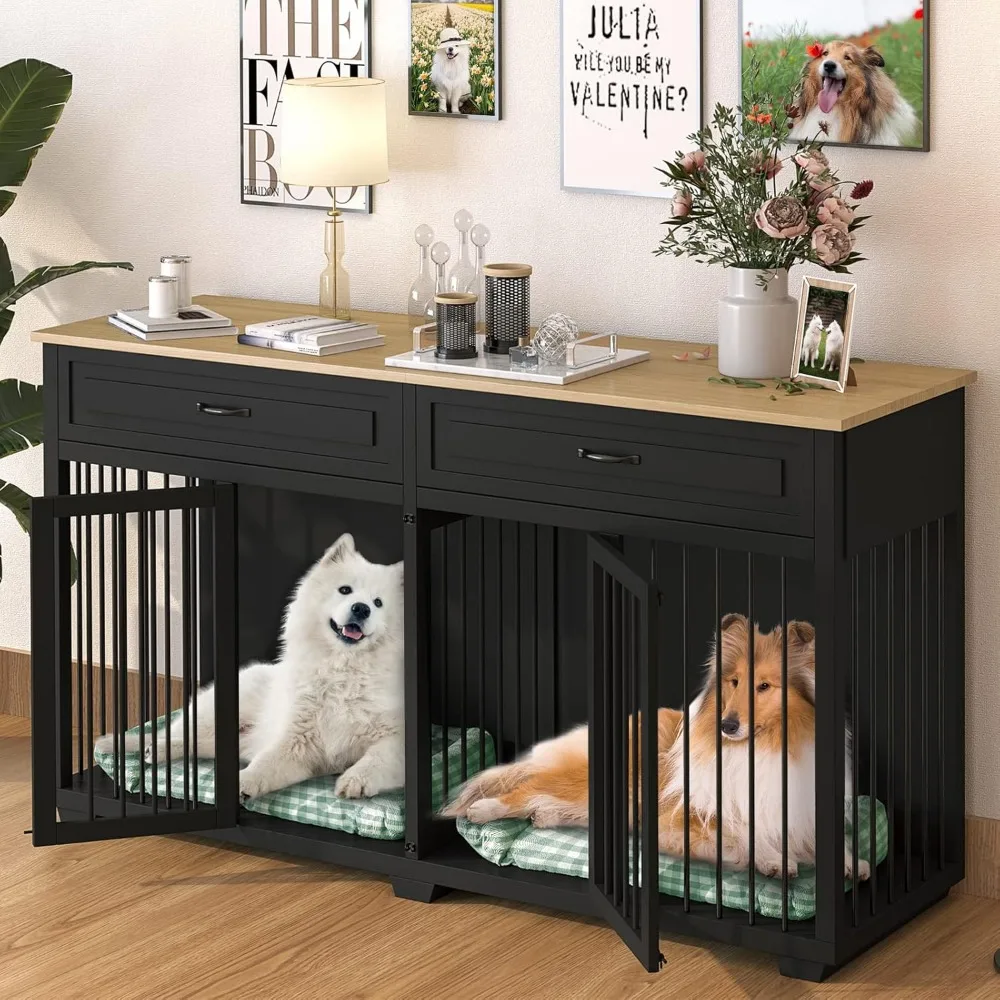 

Dog Crate Furniture, 72.4 Inch Indoor Wooden Dog Kennel Cage House, Modern Decorative End Table with Double Doors, Drawers, Divi