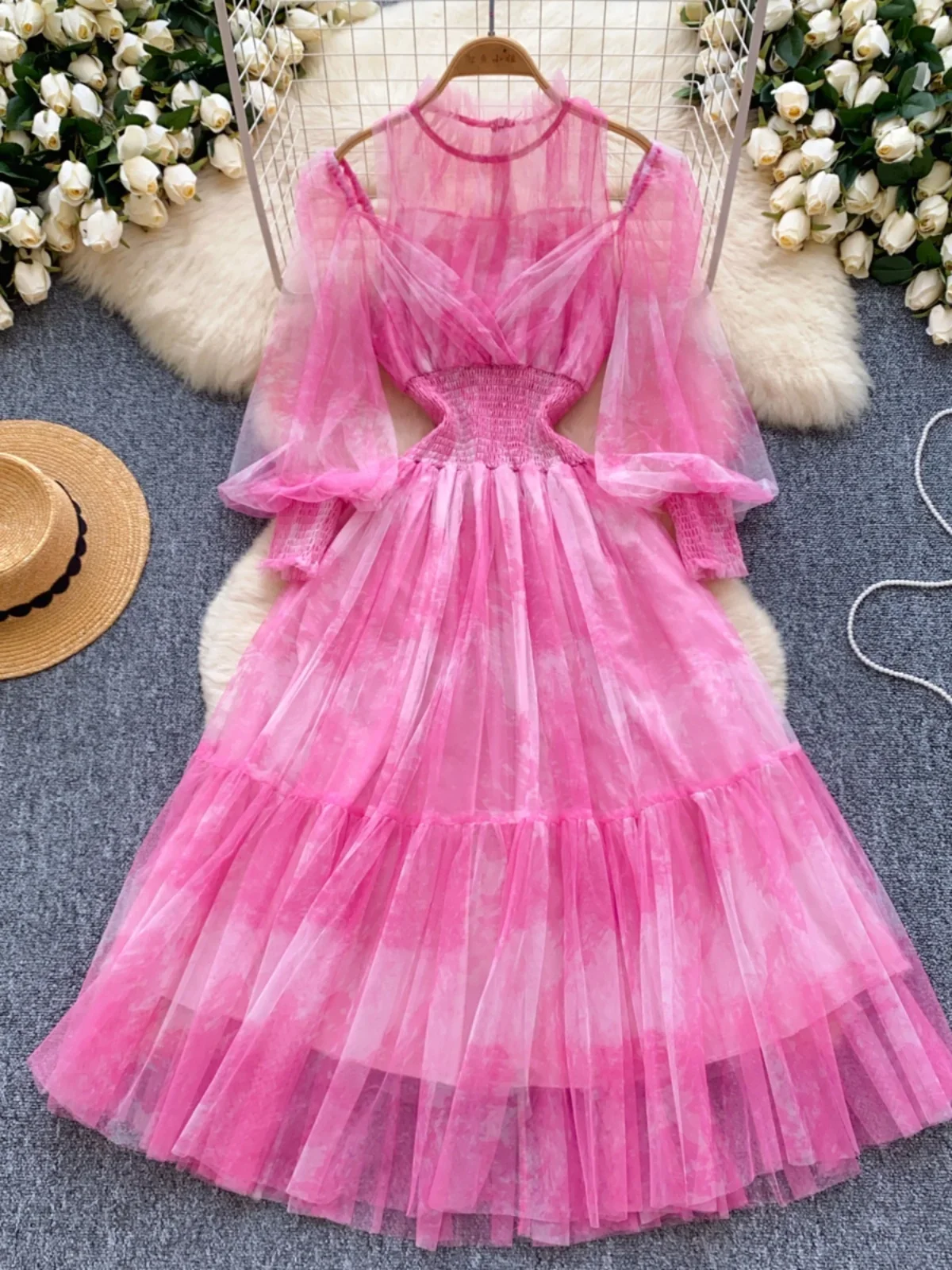 Ofallsis Off Shoulder Fairy Mesh Stitching Dress 2024 Autumn New French Hanging Neck Lantern Sleeves Waist Slim Fluffy Dresses