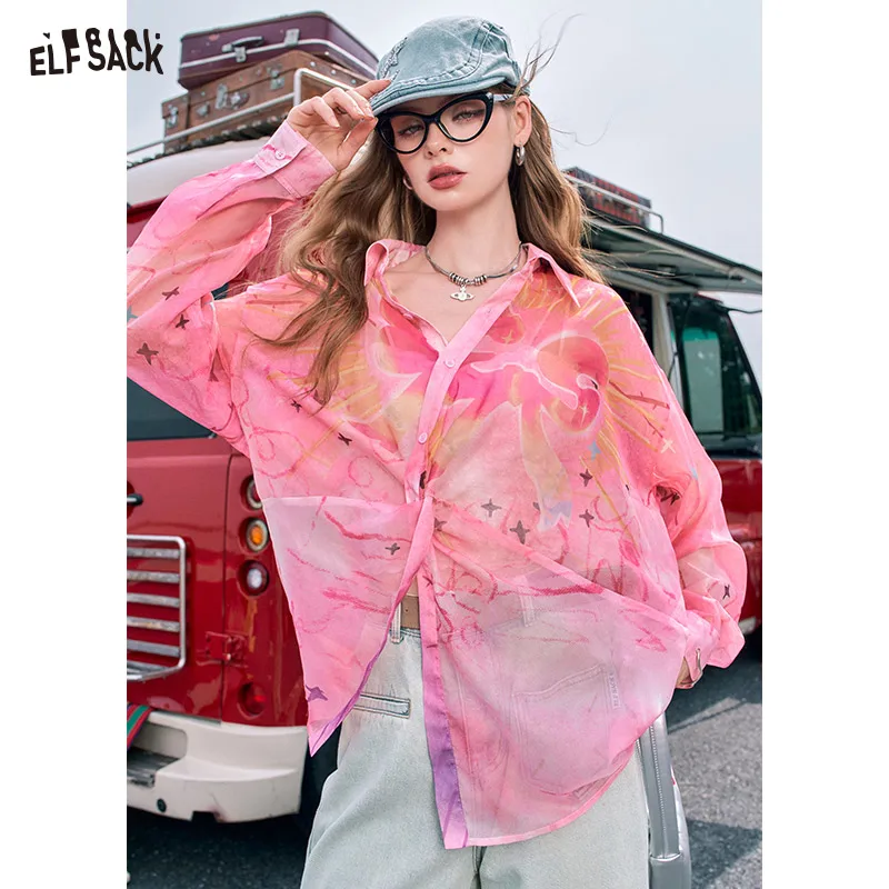 2024 Summer ELFSACK New Arrivals Pink gradient sweet print high-end loose slim temperament shirt for women