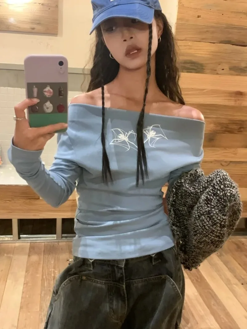 Print Women's T-shirts Off Shoulder Long Sleeve Ropa mujer Spring Clothes Gothic Y2k Streetwear Tops Sexy Roupas Feminina