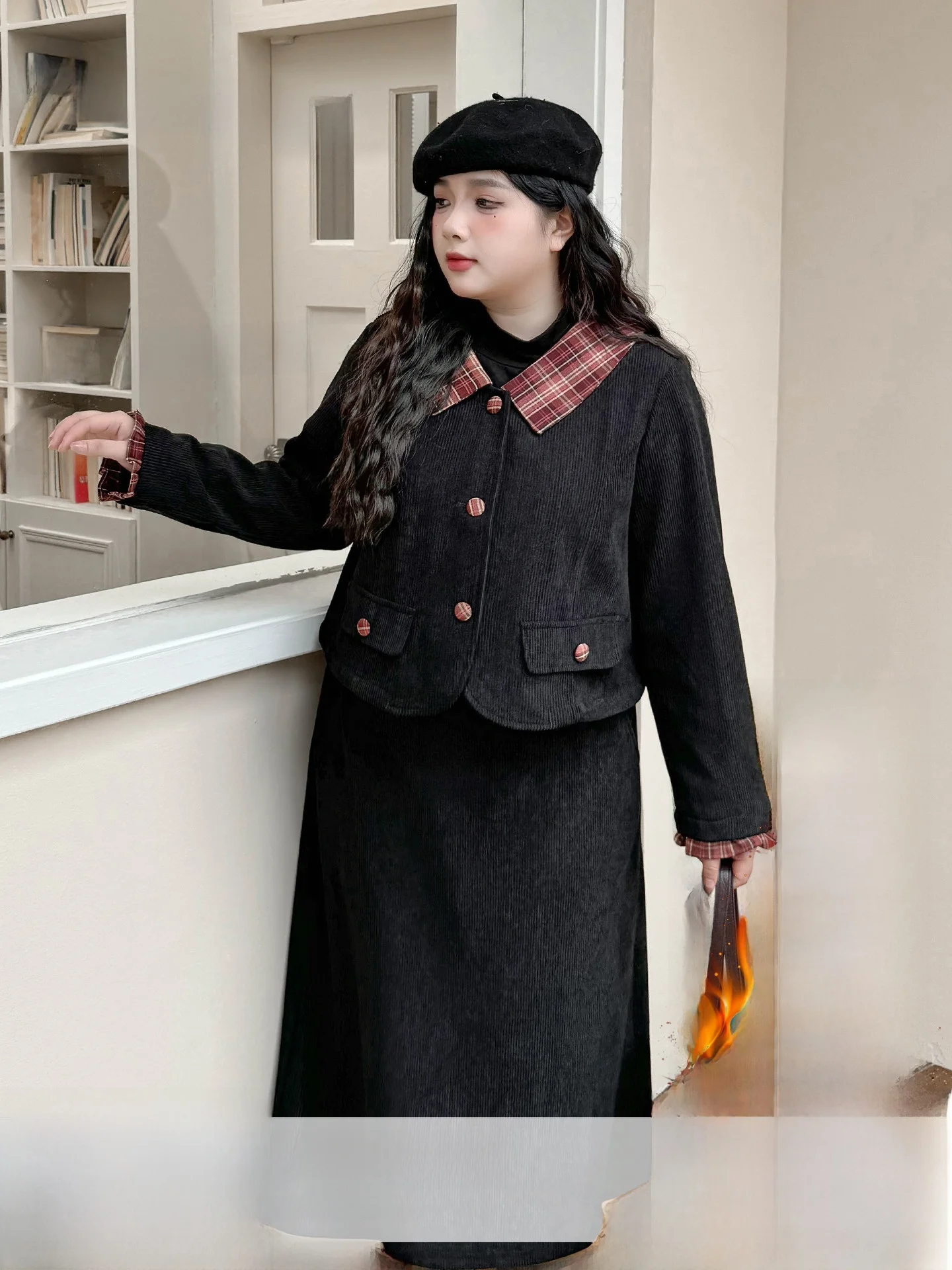 

Женский модный комплект больших размеров с высокой талией, клетчатое пальто с откидным воротником, юбка, осенне-зимняя корейская юбка