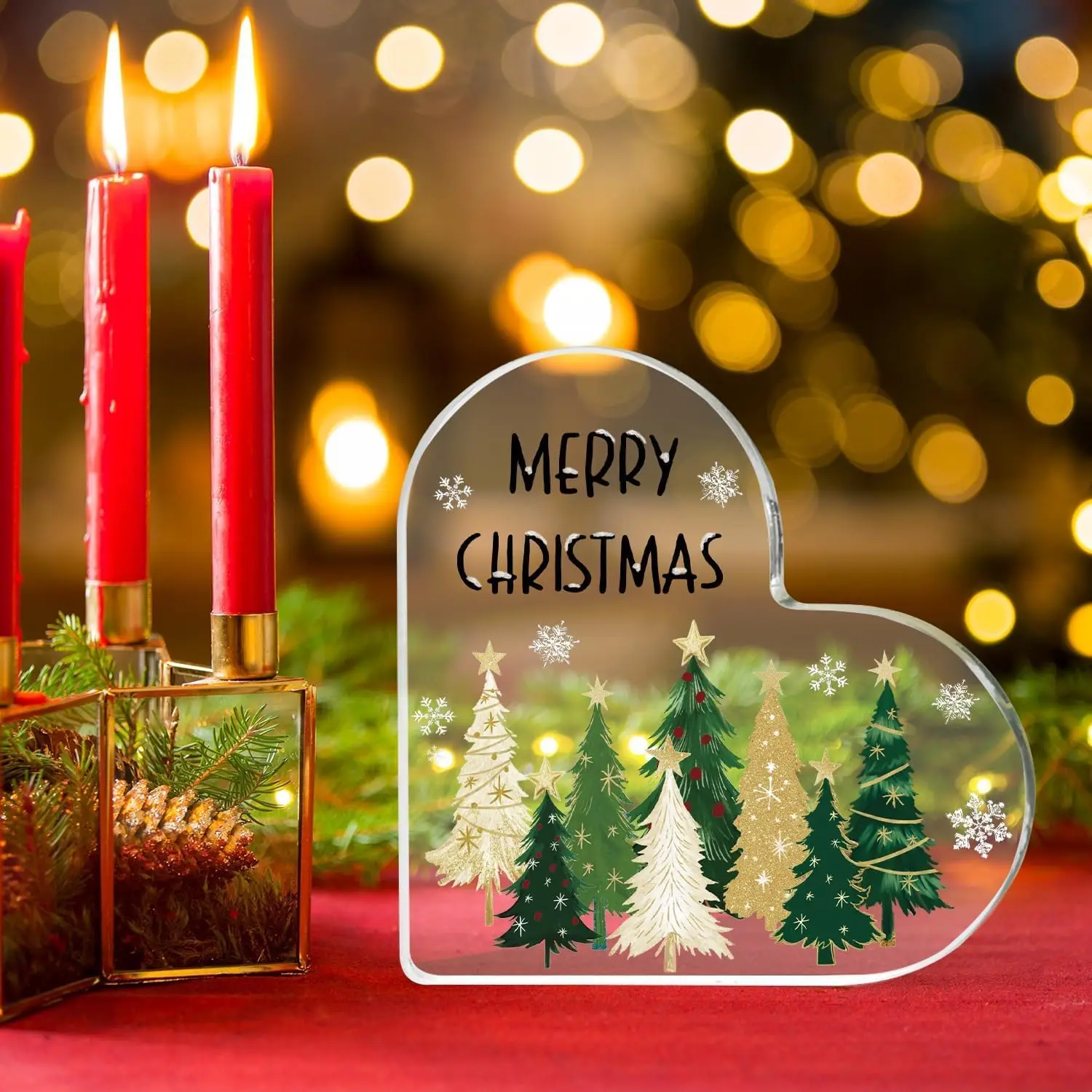 Freestanding Clear Heart Acrylic Ornament Christmas Tree Snowflake Desktop Present Xmas Home Decor Gift，Heart‑Shaped Acrylic Plaque Merry Christmas Xmas Tree Snowflake Freestanding Holiday Keepsake Gift