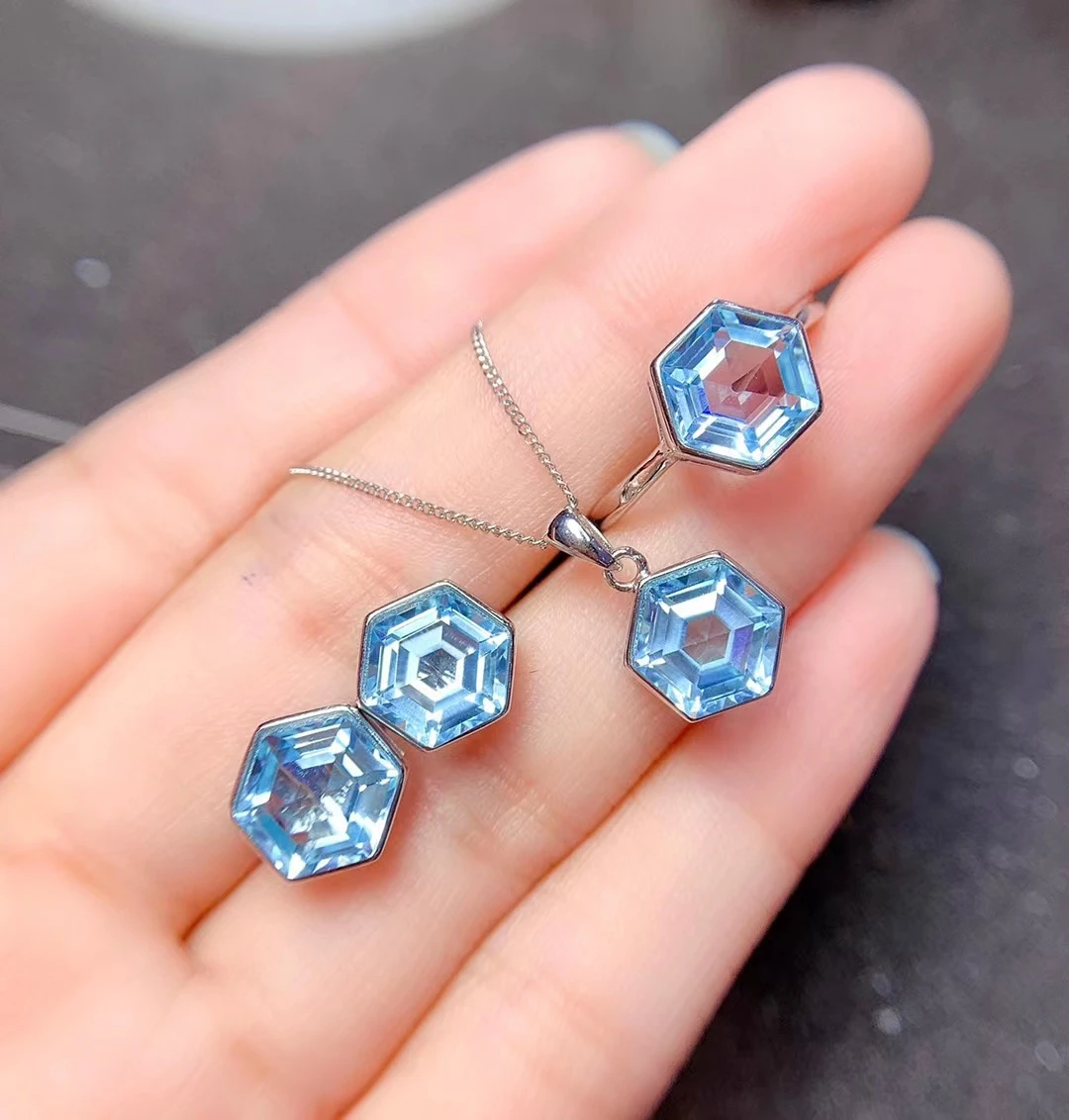 Sky Blue Topaz Hexagon Jewelry Set 925 Sterling Silver Natural Blue Topaz December Birthstone Jewelry Set For Women