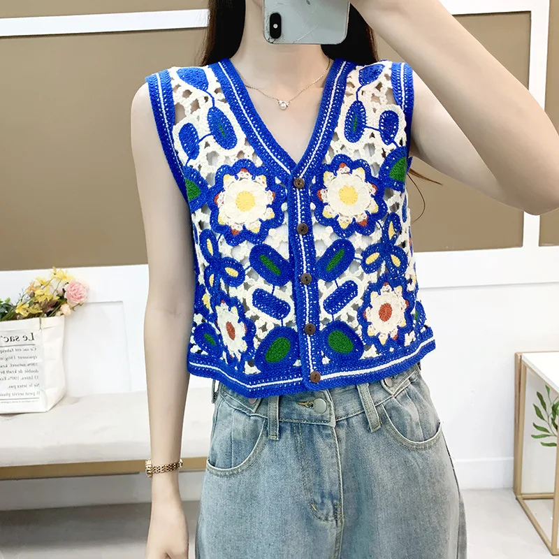 2024 Summer New Blue Color Heavy Embroidery Knitted Cardigan Vest Women'S Ethnic Style Outer Wear Hollow Bandage Dress Top