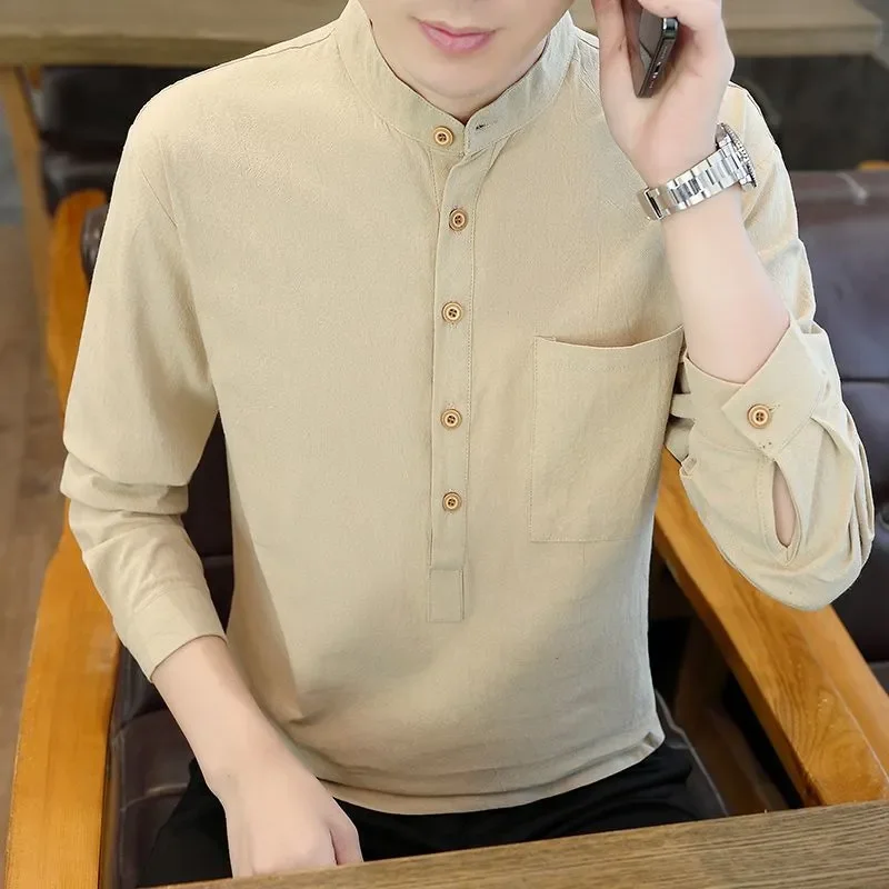 

Men's Cotton Blend Stand Collar Shirt Half Button 3/4 Sleeve Casual Top