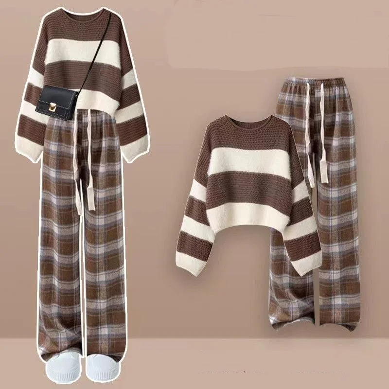 Winter New Retro Striped Patchwork Knitted Sweater Pullover Checkered Casual Pants Two-piece Set Fashionable Women\'s Pants Set