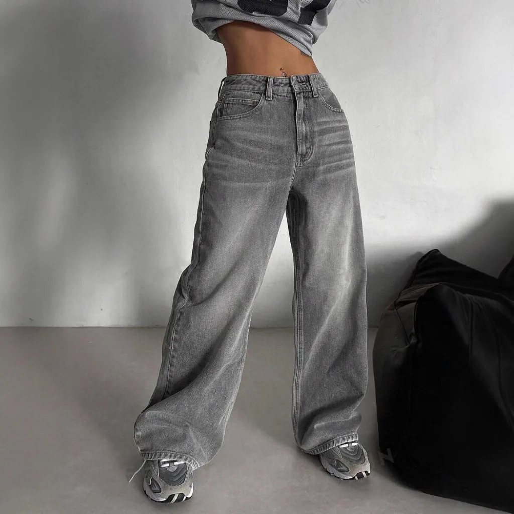 

American street retro smoke gray washed wide-leg jeans women's autumn and winter high-waisted loose wide-leg floor pants