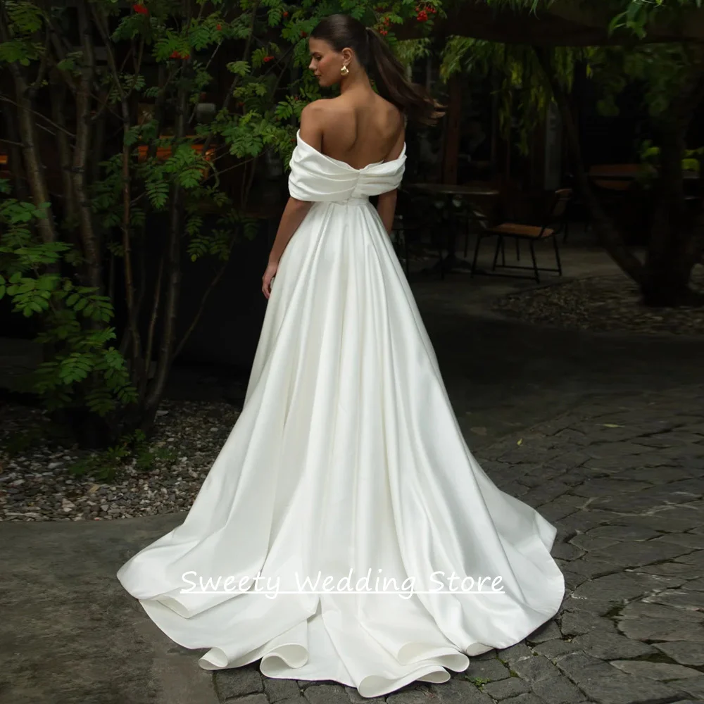 فستان زفاف حديث من الساتان للمرأة العروس مخصص قبالة الكتف قارب الرقبة الزهور ثنيات ألف خط فستان زفاف سويب تراين #2