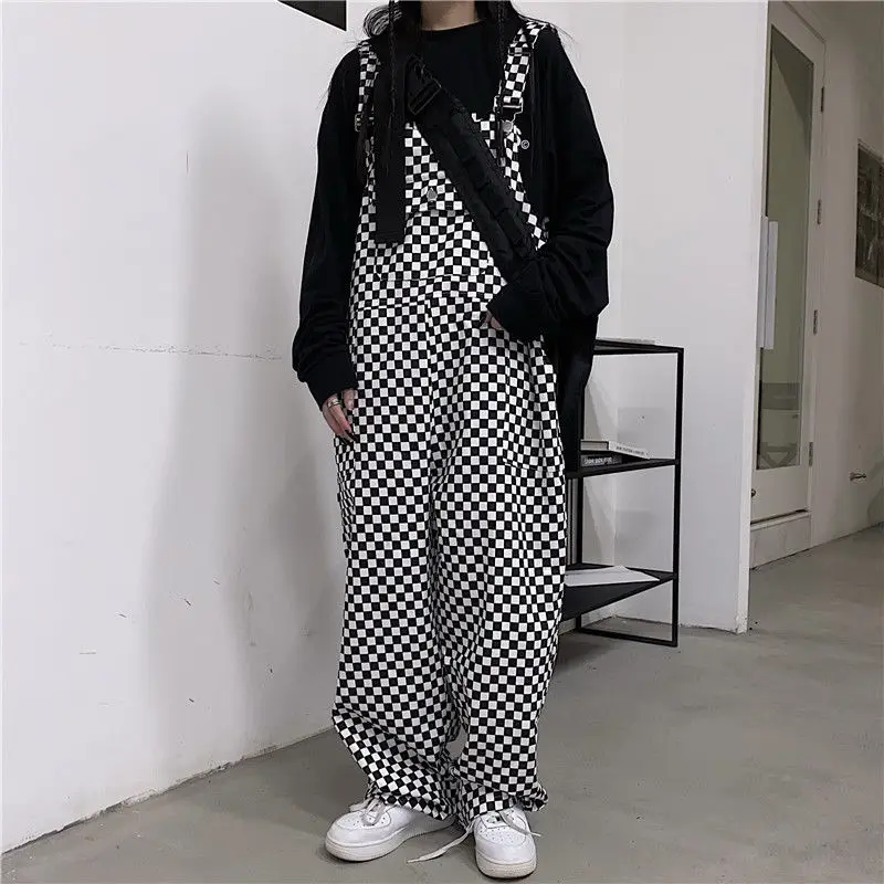 Checkerboard Baggy Jumpsuits Women Autumn New Straight Wide Leg Overalls Harajuke Casual Loose One Piece Outfit Female