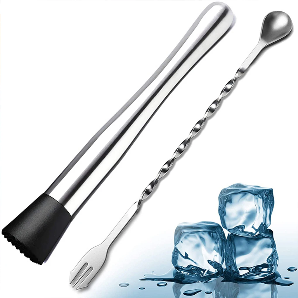 

2 Pieces Stainless Steel Cocktail Muddler Mixing Spoon Set Spiral Pattern Stirring Tool Long Handle Twisted Bar