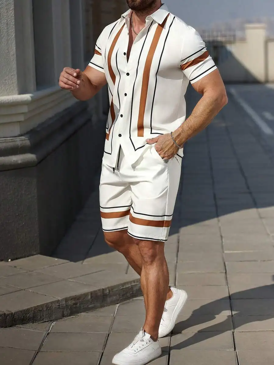 

Men's White Striped Short Sleeve Single-Breasted Casual Shirt Set