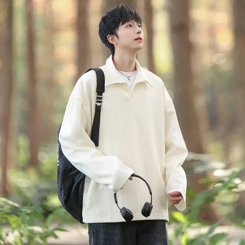 

Retro Collar Texture Men's Casual Long Sleeve Sweatshirt Hoodie Loose Fit Autumn New Style Youth Popular Solid Color Streetwear