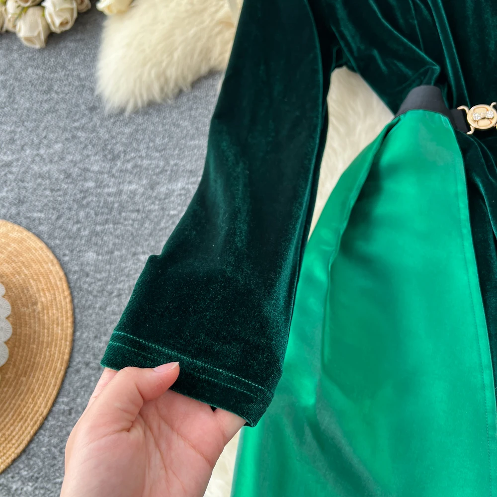 Abito retrò elegante a maniche lunghe in velluto scavato Abito casual a vita alta Abiti da cerimonia da donna