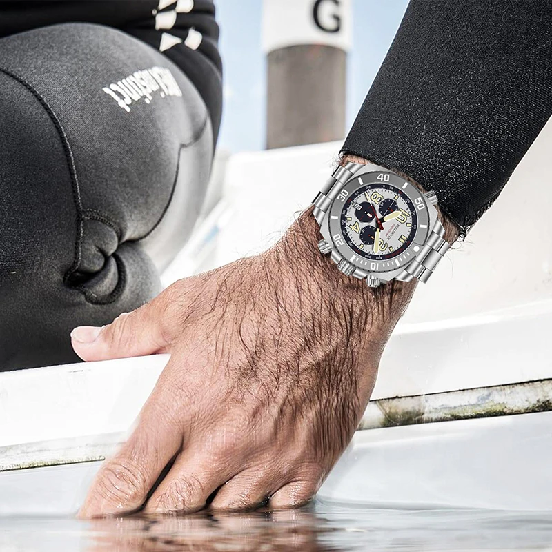 FeelNever แฟชั่นสุภาพบุรุษ 316L สแตนเลสควอตซ์ชายนาฬิกา Casual กีฬาปฏิทิน 500M กันน้ํานาฬิกาส่องสว่างสําหรับบุรุษ