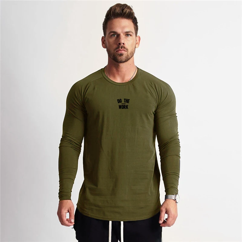 T-shirt de course à manches longues pour hommes, en coton, serré, pour Fitness, entraînement, Jogging, vêtements de Sport