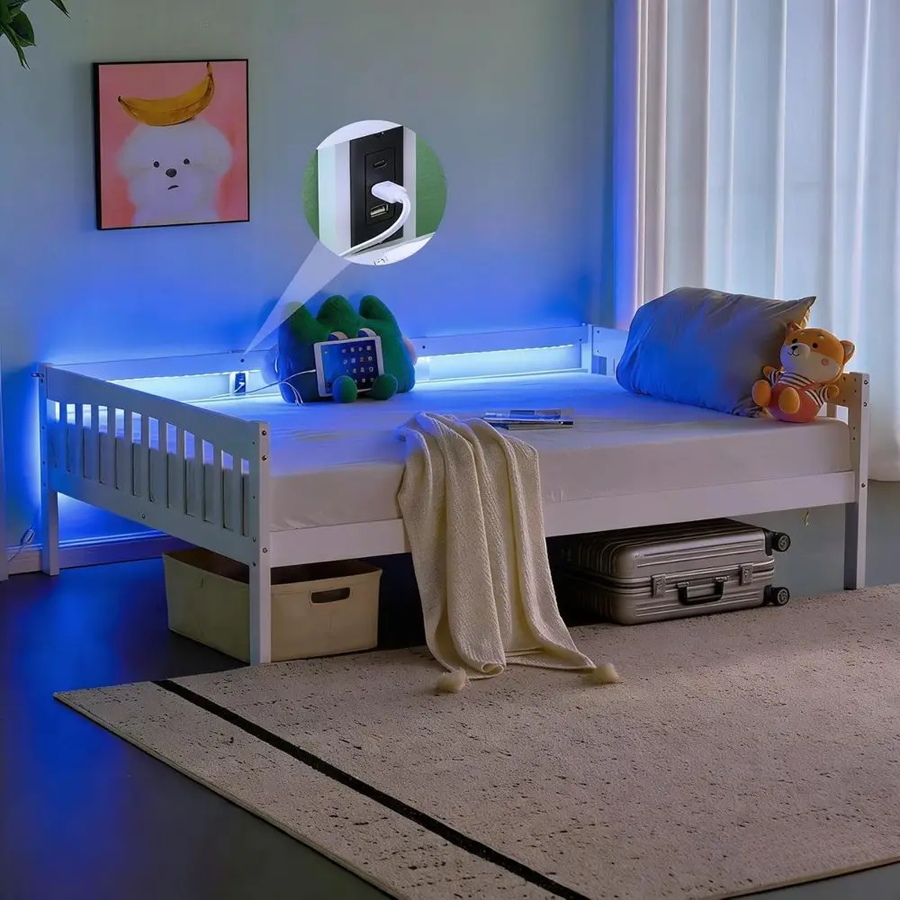 

Solid Wood Twin Daybed with Storage, Charging Station & Lights, Wooden Slat Support, Suitable for Kids & Teens, White