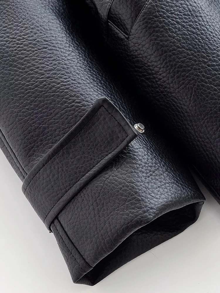 المرأة الشارع الأسود جلد المرأة سترة الوقوف طوق سحاب أكمام طويلة الخصر جيوب مغلقة معطف الإناث سيدة الموضة أبلى #4