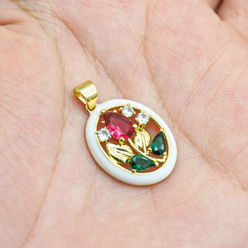 2Pcs Enamel Copper Charms Flowers Rose Plant Invisible Setting Pendant Cubic Zirconia Gold Color Approx 15.7x25.4mm Jewelry