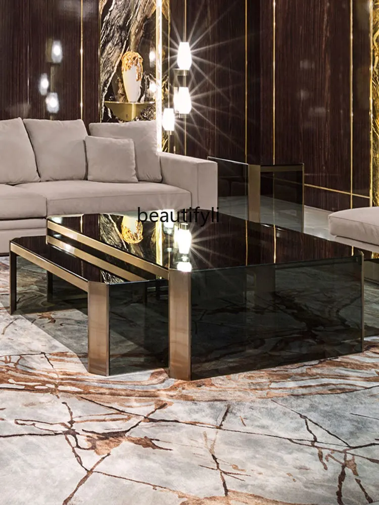 Light Luxury Square Coffee Table Tempered Glass Size Combination Modern Minimalist Living Room Metal Coffee Table